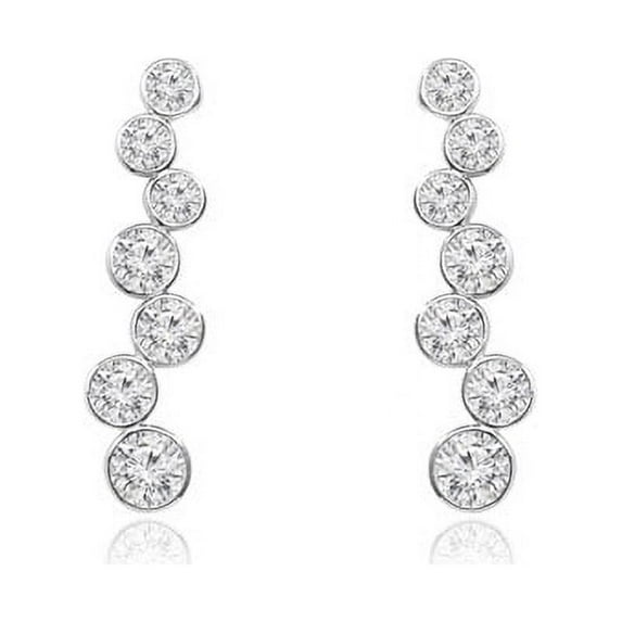 Bezel Set Designer Earrings with Simulated Round Brilliant Diamonds by Diamond Essence set in 14K White Gold