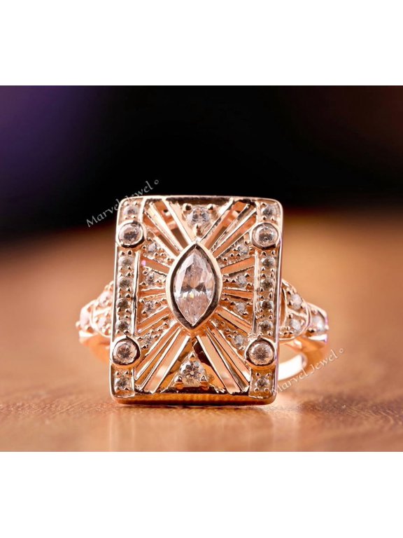 Bezel Set Diamond Engagement Ring, Marquise Cut Diamond Wedding Ring, Rectangle Shape Ring, Women's Cocktail Dome Ring, 2.2 Ct Simulated Diamond, 14K Rose Gold Plated