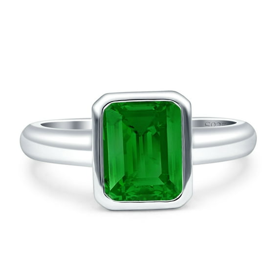 Bezel Set Emerald Ring 8x6mm Simulated Green Emerald CZ925 Sterling Silver