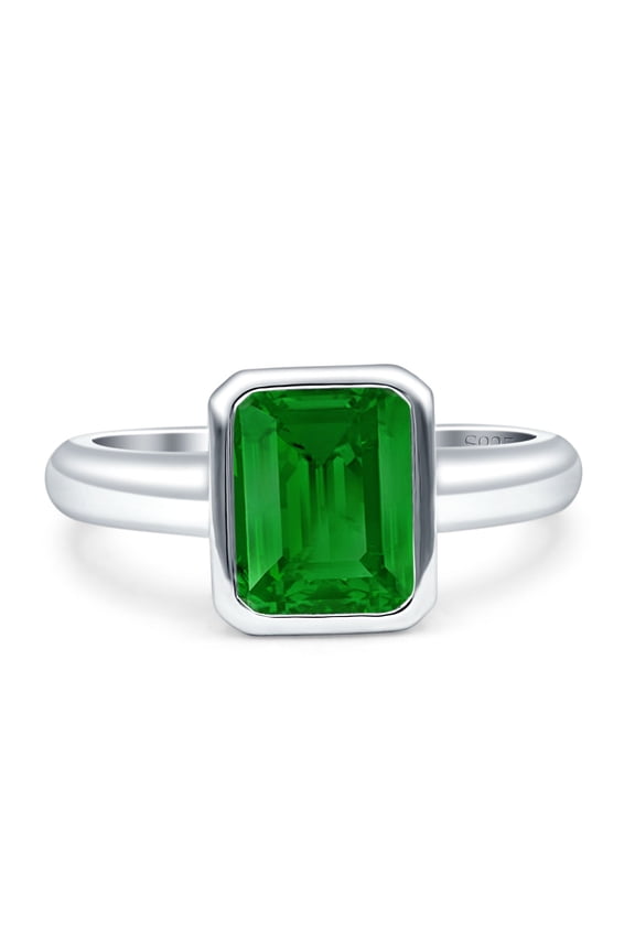 Bezel Set Emerald Ring 8x6mm Simulated Green Emerald CZ925 Sterling Silver