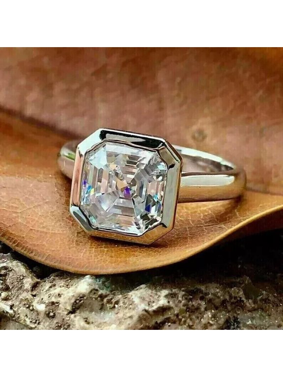 Bezel Set Engagement Ring 14K White Gold Plated Silver 2Ct Asscher Cut Lab Created Diamond