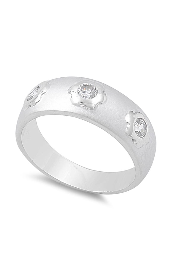 Bezel Set Flower Design Round Cubic Zirconia Ring Sterling Silver 925