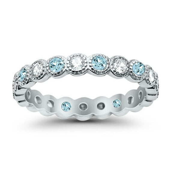 Bezel Set Full Eternity Ring Round Aquamarine CZ 925 Sterling Silver Size 7