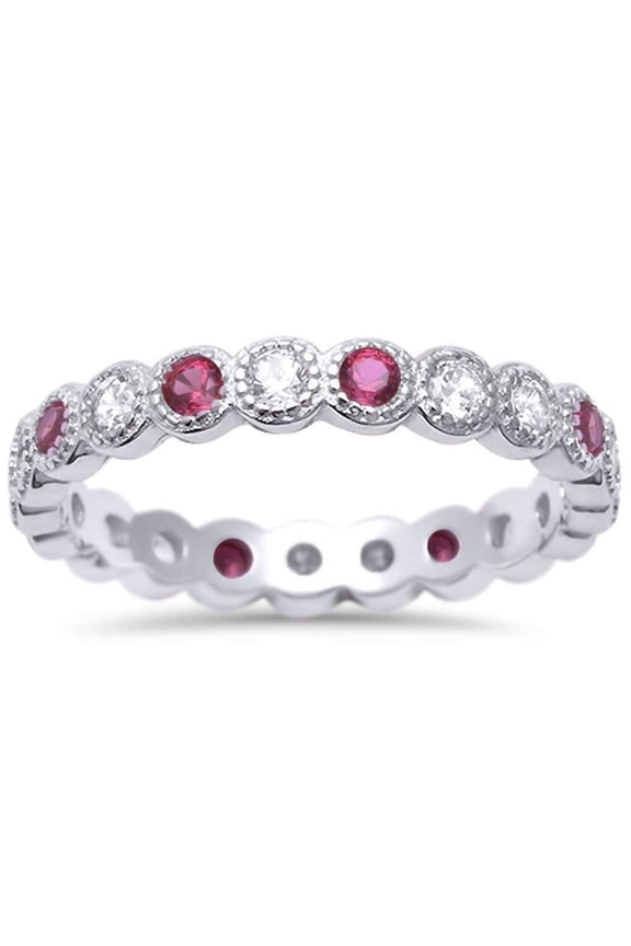 Bezel Set Full Eternity Ring Round Ruby CZ 925 Sterling Silver Size 5