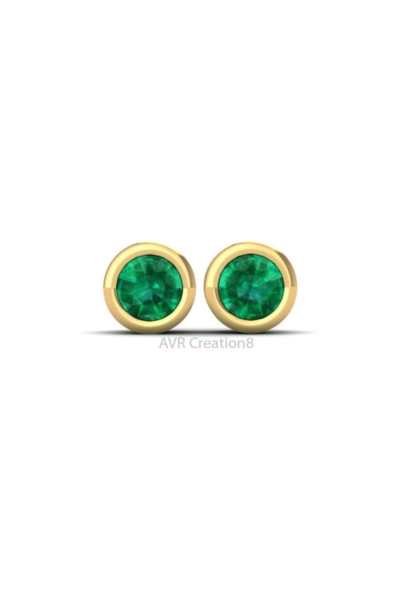 Bezel Set Green Emerald Stud Earrings, May Gemstone, 925 Sterling Silver, Push Back Gift For Her
