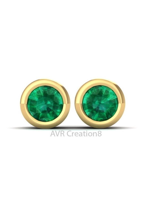 Bezel Set Stud Green Emerald Earrings for Women, May Birthstone, 925 Sterling Silver