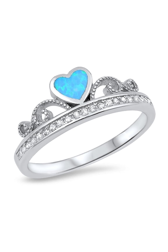 Bezel Set Heart Blue Simulated Opal Cubic Zirconia Crown Ring Sterling Silver