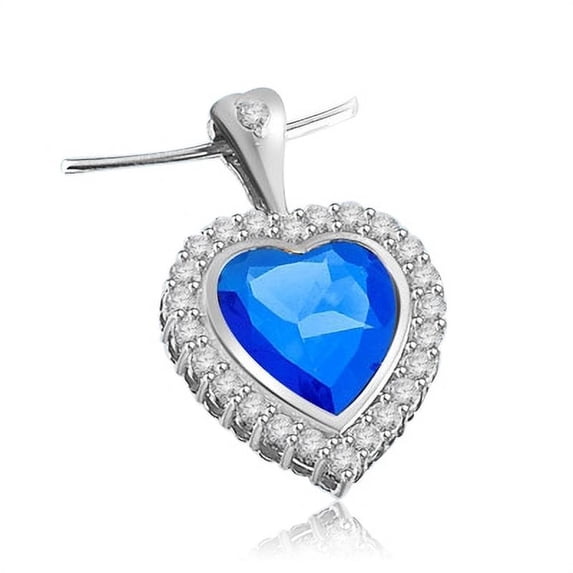Bezel Set Heart Pendant with Synthetic Sapphire Essence in Center and Round Brilliant Melee Diamonds by Diamond Essence set in 14K Solid White Gold