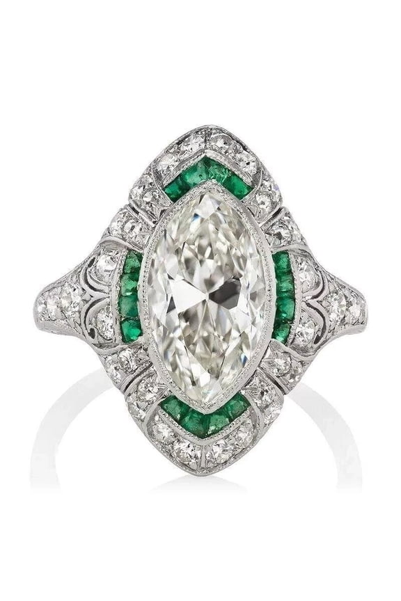 Bezel Set Marquise Diamond Ring, Antique Diamond Engagement Ring, Green Emerald Birthstone Halo Diamond Ring, Navette Shape Diamond Ring, 925 Sterling Silver, 2.4 Ct Simulated Diamond