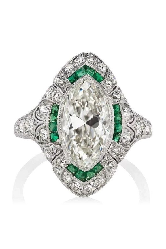 Bezel Set Marquise Diamond Ring, Antique Diamond Engagement Ring, Green Emerald Birthstone Halo Diamond Ring, Navette Shape Diamond Ring, 925 Sterling Silver, 2.4 Ct Simulated Diamond