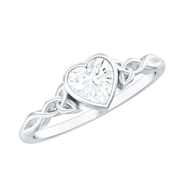 Rosec Jewels Certified Moissanite Heart Engagement Ring 5 mm - Bezel Set Celtic Knot Ring for Women - D-VS1 Quality Certified, 18K White Gold, US 3.00
