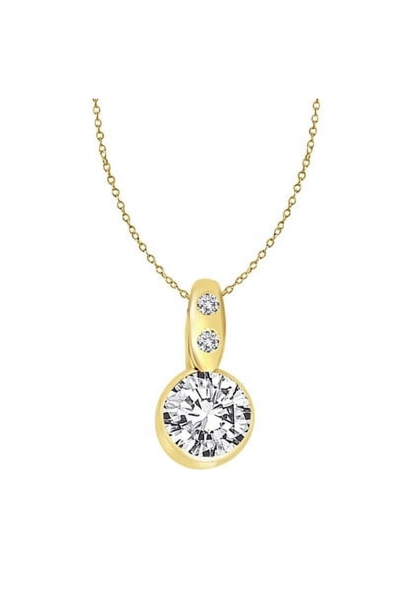 Bezel Set Pendant with Simulated Round Brilliant Diamond and Melee on the Bail by Diamond Essence set in 14K Solid Yellow Gold