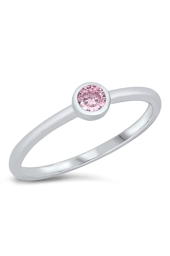 Bezel Set Pink Cubic Zirconia Round Solitaire Ring Sterling Silver Size 6