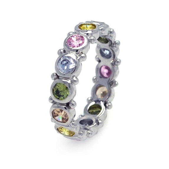 Bezel Set Round Multicolor Cubic Zirconia Stackable Eternity Ring Rhodium Plated Sterling Silver Size 9