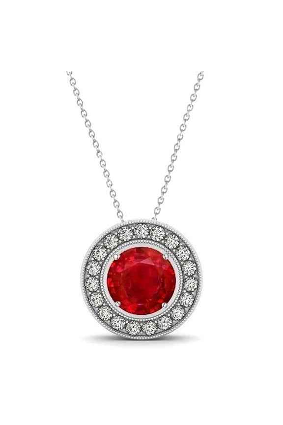 Bezel Set Ruby with Diamonds 4.50 CT Pendant Necklace, 14K White Gold