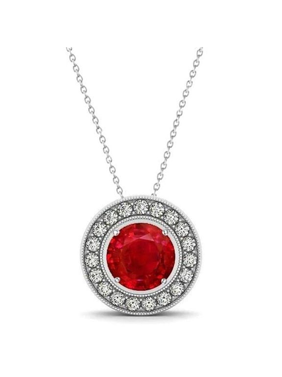 Bezel Set Ruby with Diamonds 4.50 CT Pendant Necklace, 14K White Gold