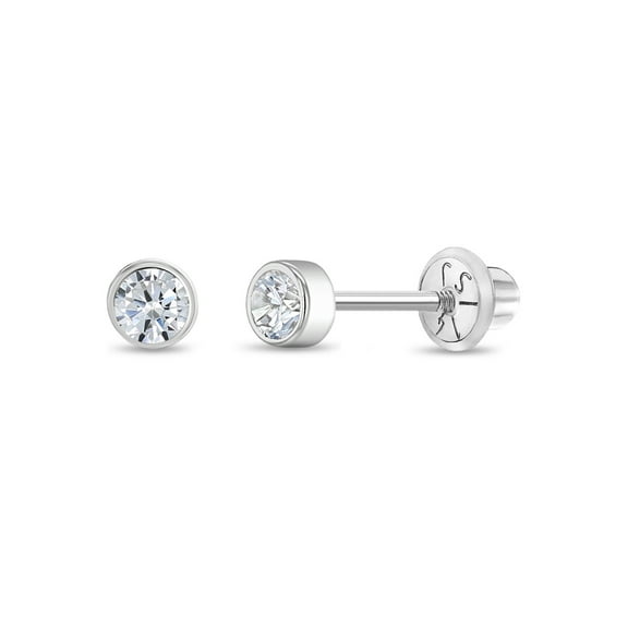 Bezel Set Simulated Diamond Toddler Screw Back Earrings 14k White Gold