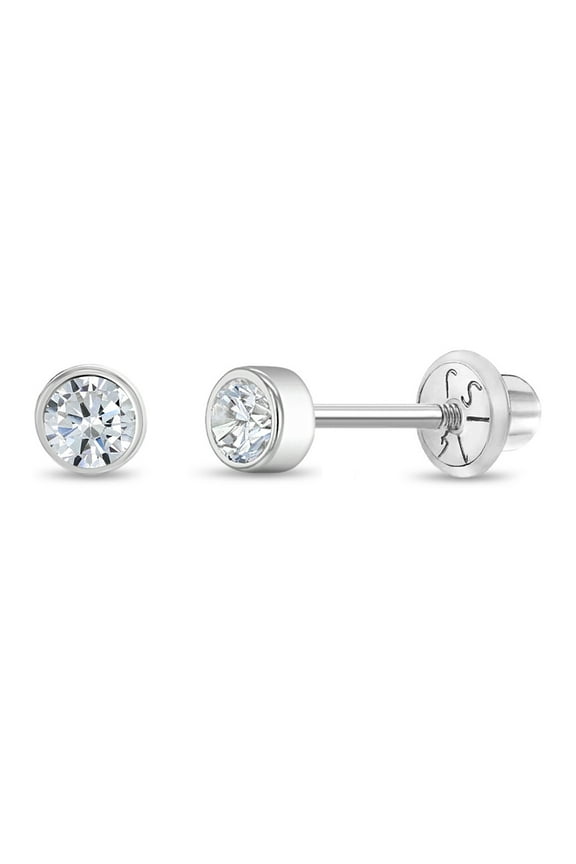 Bezel Set Simulated Diamond Toddler Screw Back Earrings 14k White Gold