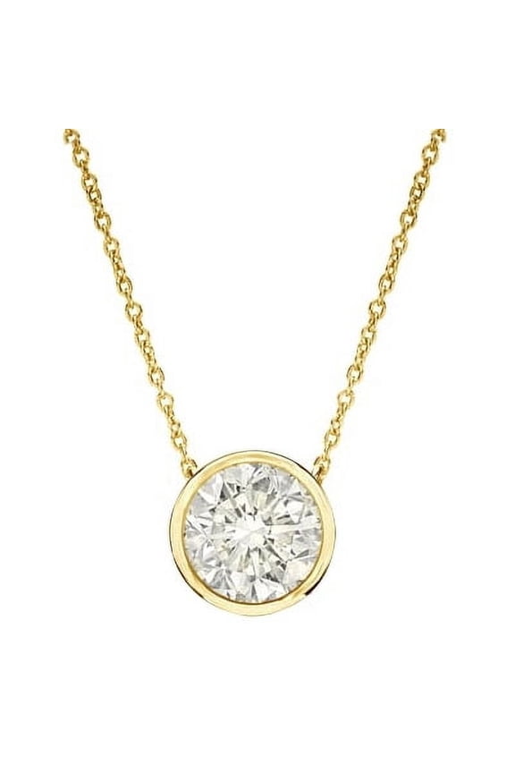 Bezel Set Solitaire Necklace with Artificial Round Brilliant Diamonds by Diamond Essence set in 14K Solid Yellow Gold