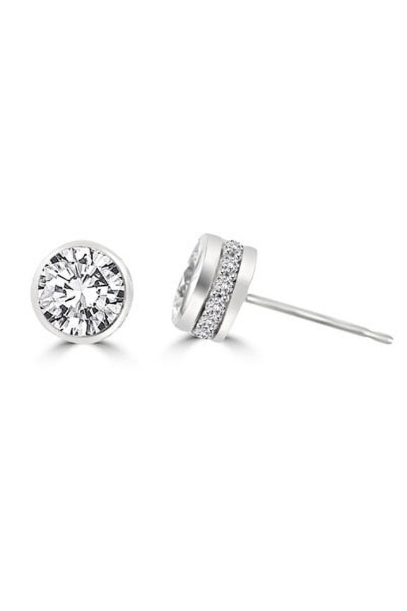 Bezel Set Stud Earrings with Simulated Round Brilliant Diamond and Melee by Diamond Essence set in Sterling Silver