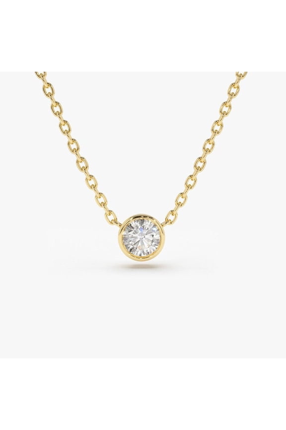 Bezel Setting Round Diamond Lab Grown Solitaire Necklace, Dainty Diamond Necklace