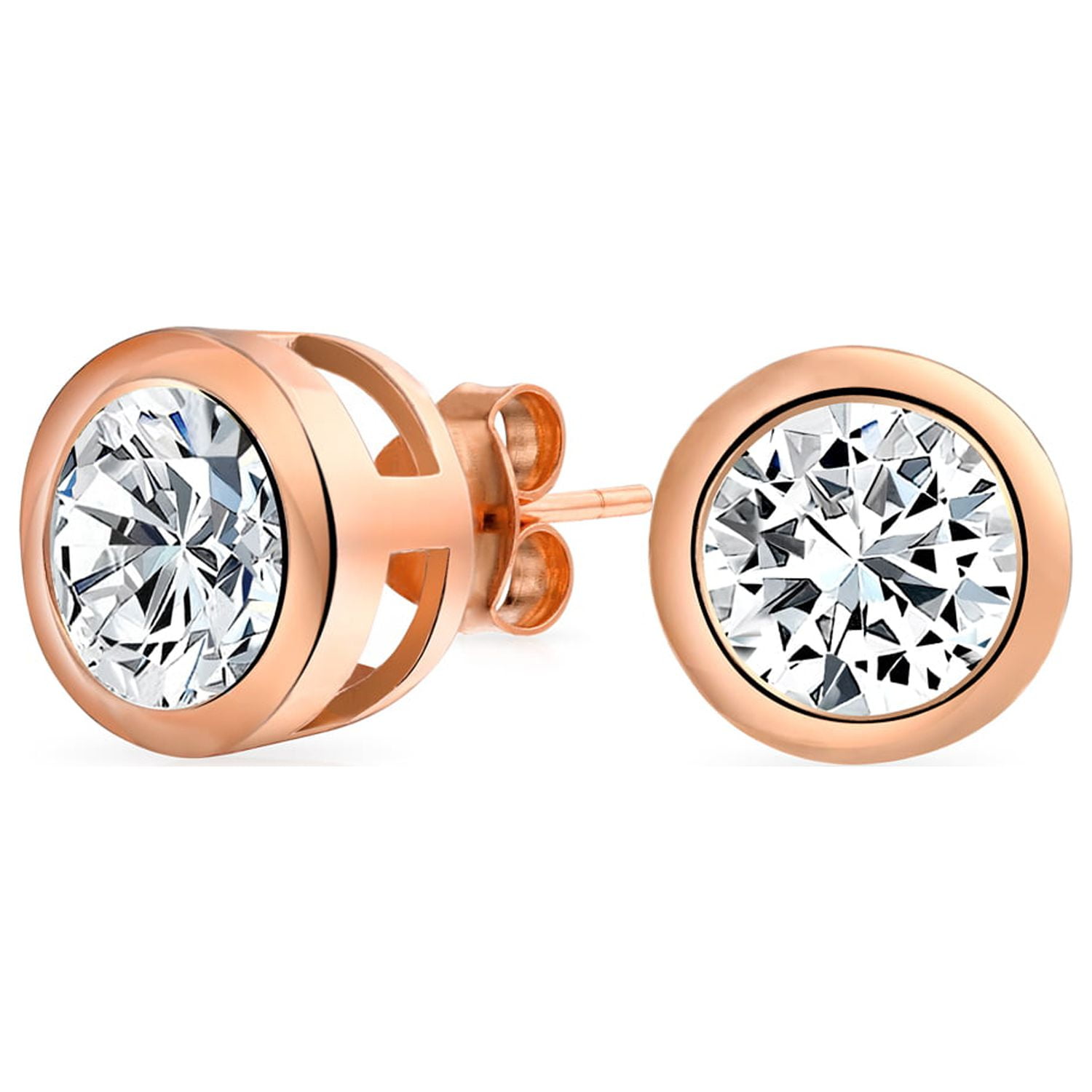 Bezel Solitaire CZ Stud Earrings Rose Gold Plated .925 Sterling Silver