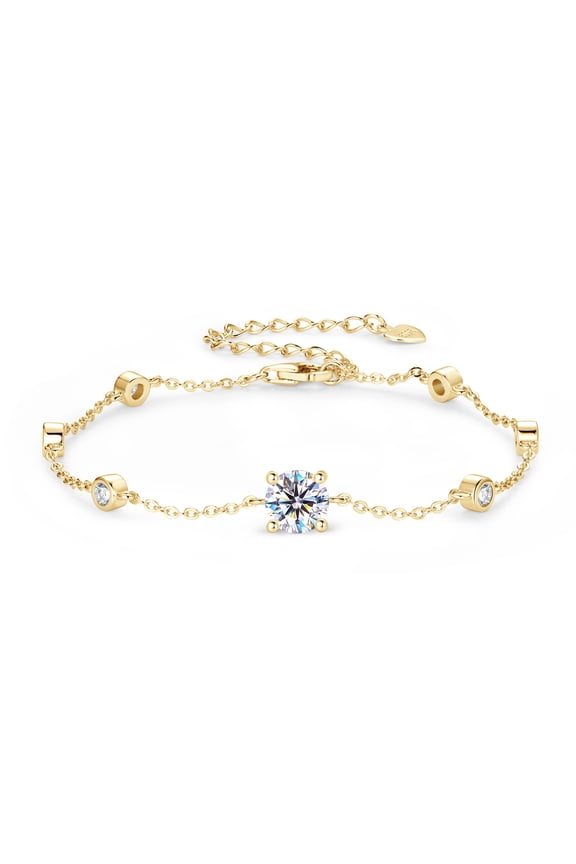 Bezel Station Link Bracelets for Women, 1.36cttw D Color Moissanite Bracelet 925 Sterling Silver for Wife or Mom, Adjustable Chain