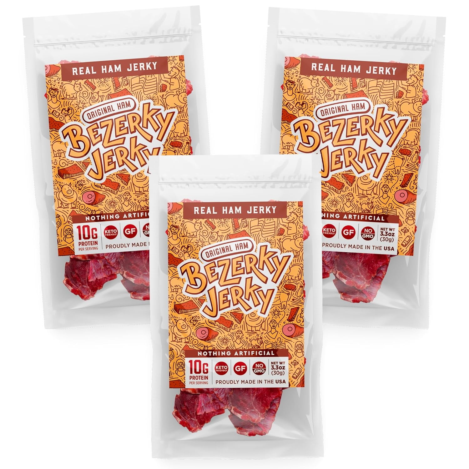 Bezerky Jerky All-Natural Premium Ham Jerky, Keto-Friendly, Made in the USA, Gluten-Free, Non-GMO, Low Carbs, High Protein Snacks, Old Fashioned Recipe, 3.3 Oz (Pack of 3)