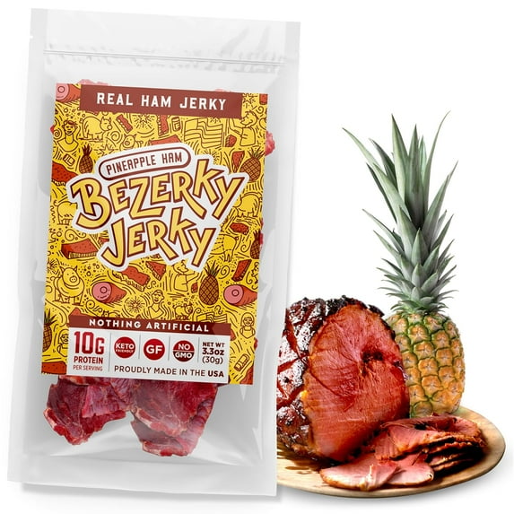 Bezerky Jerky Authentic American Ham, Keto-Friendly, Made with Premium Meat, Pineapple Jerky, All-Natural, Non-GMO & Gluten-Free, On the Go High Protein Snack, 3.3 Oz (Pack of 1)