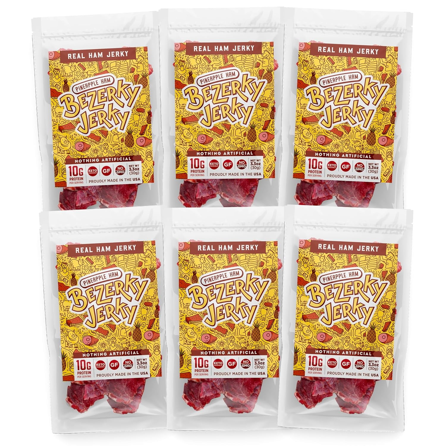 Bezerky Jerky Authentic American Ham, Keto-Friendly, Made with Premium Meat, Pineapple Jerky, All-Natural, Non-GMO & Gluten-Free, On the Go High Protein Snack, 3.3 Oz (Pack of 6)