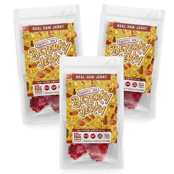 Bezerky Jerky Authentic American Ham, Keto-Friendly, Made with Premium Meat, Pineapple Jerky, All-Natural, Non-GMO & Gluten-Free, On the Go High Protein Snack, 3.3 Oz (Pack of 3)