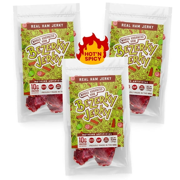 Bezerky Jerky Premium Ham Jerky, Keto-Friendly, Made in the USA, Hot 'n Spicy Mango Habanero, Non-GMO, Gluten-Free, Low Fat, High Protein Snack, Ready to Eat Snack, 3.3 Oz (Pack of 3)