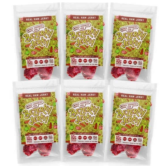 Bezerky Jerky Premium Ham Jerky, Keto-Friendly, Made in the USA, Hot 'n Spicy Mango Habanero, Non-GMO, Gluten-Free, Low Fat, High Protein Snack, Ready to Eat Snack, 3.3 Oz (Pack of 6)