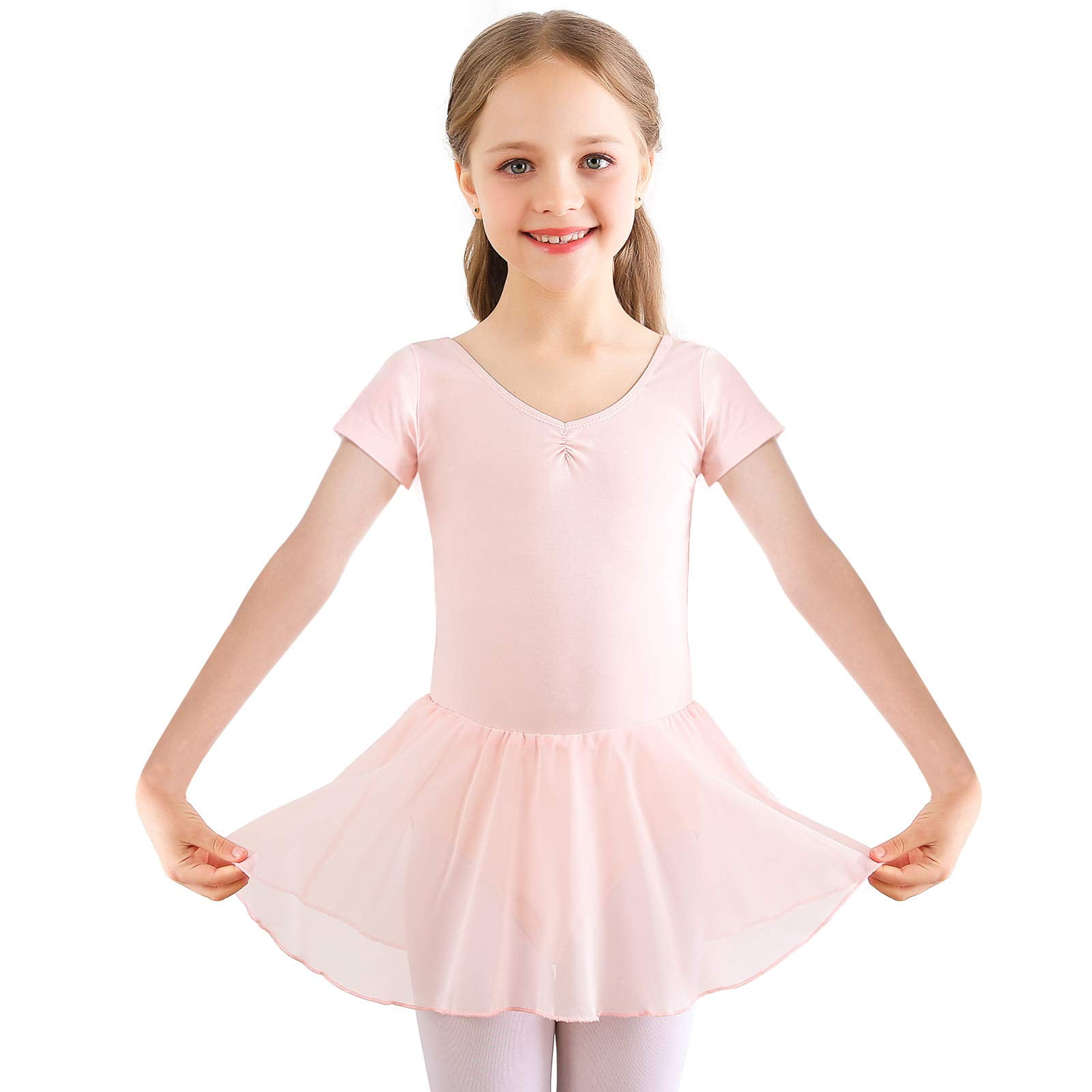 Bezioner Ballet Dress Ballet Leotards with Skirt Dance Tutu Short Sleeve Skirted for Toddler Girls Kids Pink Ballet Leotards for Girls Size 8 9Years