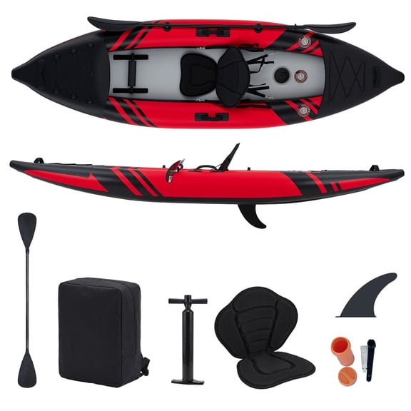 Bezliving 1-Person Inflatable Kayak with Drop-Stitch Floor, Lightweight, Portable, Durable Solo Kayak for Fishing, Touring, and Recreational Paddling, Red