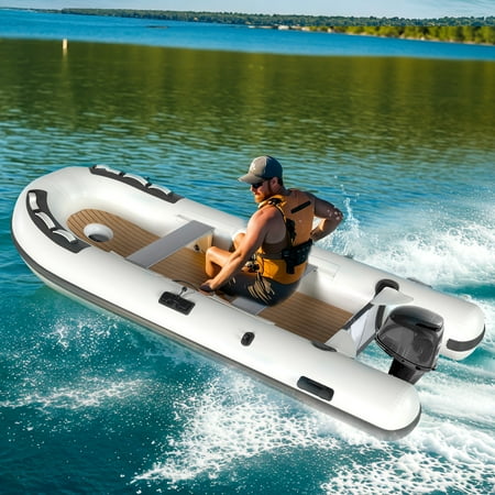 Bezliving 10.5ft Inflatable Dinghy Boat, 1200 lbs Capacity, Fishing Rafting Transom Sport Tender, Inflatable Pontoon Boat for Adults, EVA Foam Floor, 2 Aluminum Seats, 6 Handles, 2 Paddle Holders