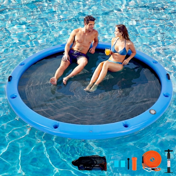 Bezliving 10' Round Inflatable Floating Dock with Cup Holder, Sunchill Float Ring, Hammock Tanning Pool with 4in Woven Fabric, Manual Pump for 1-2 Min Quick Inflate/Deflate, Fits 2-8, Ideal for Lakes