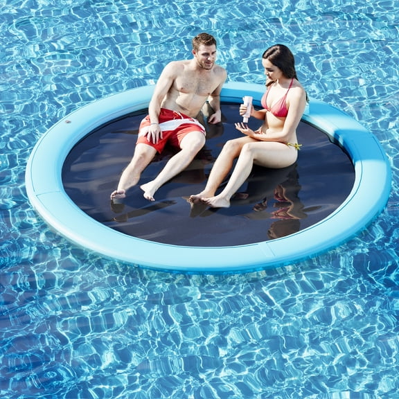 Bezliving 10FT Round Inflatable Floating Dock, Sunchill Float Ring Water Hammock with Pump, 4in Woven Fabric, Lake Pool Float for Adults, Sky Blue