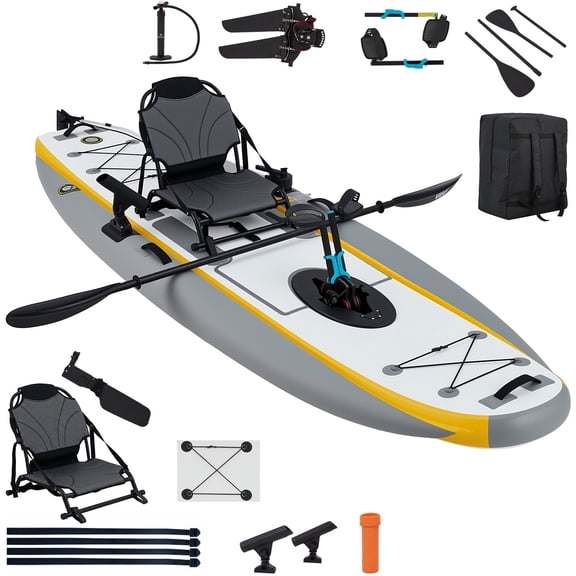 Bezliving 12ft Inflatable Kayak with Pedal System, Lightweight & Portable with Aluminum Seat, Rudder System, and Accessories Included, Yellow & Grey