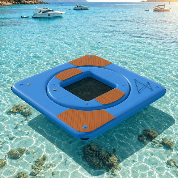 Bezliving 2 in 1 Inflatable Floating Dock Platform, Square EVA Traction Deck with Mesh Swim Net and Inner Floating Island, 6 in Thick, D Rings, Boat Swim Platform for Lake and Pool