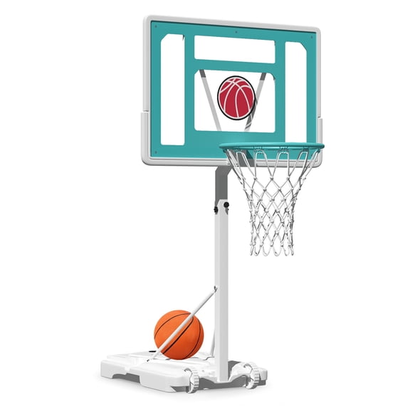 Bezliving 32“x23” Pool Basketball Hoop, 3.1FT-4.1FT Height Adjustable Poolside Basketball Hoop,Include Air Pump,Basketball, Made for Teens, Adults, White+Blue