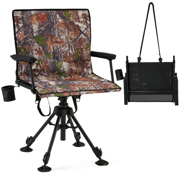Bezliving 360° Silent Camo Hunting Blind Chair, Armrests, Side Pouch, Telescopic Legs