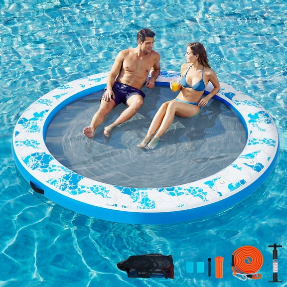 Bezliving 8 FT Round Inflatable Floating Dock with Woven Fabric Deck, Large Floating Island for Lake Pool Ocean, Heavy Duty Sunchill Float Ring with Quick Inflate Pump, Supports 2 to 8 Adults