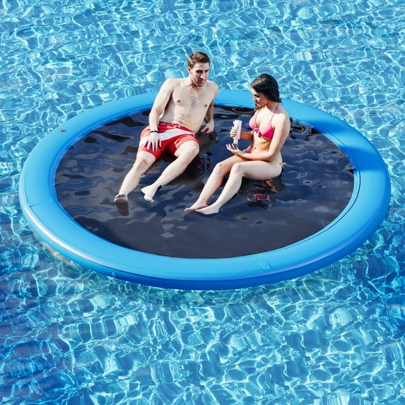 Bezliving 8FT Round Inflatable Floating Dock, Sunchill Float Ring Water Hammock with Pump, 4in Woven Fabric, Lake Pool Float for Adults, Blue