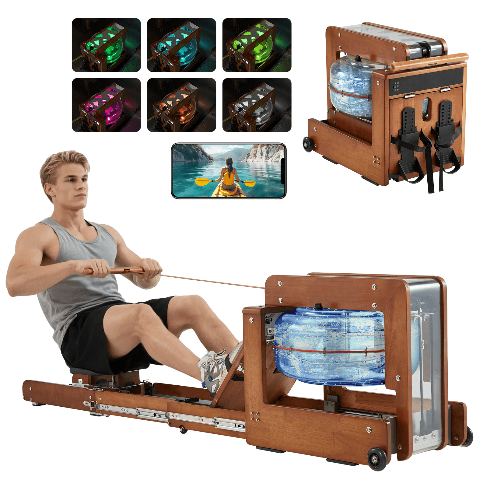 Standing Up Rowing Machine Bezliving Foldable Water Rowing Machine with Touchscreen, Dual ...