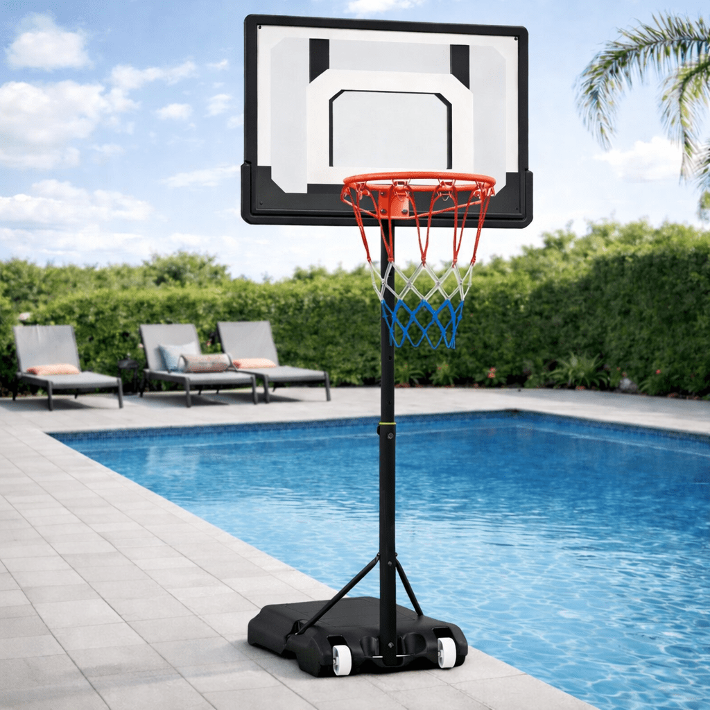 Bezliving Pool Basketball Hoop, Height Adjustable 3.9" to 6.9", Black PE Frame, Water Base, Includes Air Pump, 8-Inch Rubber Ball, Indoor & Outdoor Use