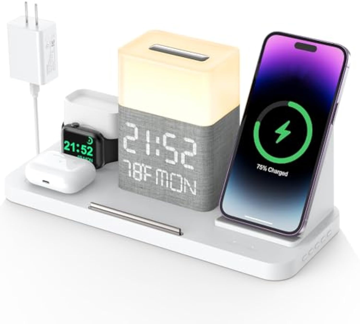 BezosMax 6 in 1 Wireless Charging Station, 20W Fast Charger Station with Bluetooth TimeSync, Touch Night Light, Temperature Compatible with iPhone 15/14/13/12/11 All Series & AirPods & iWatch