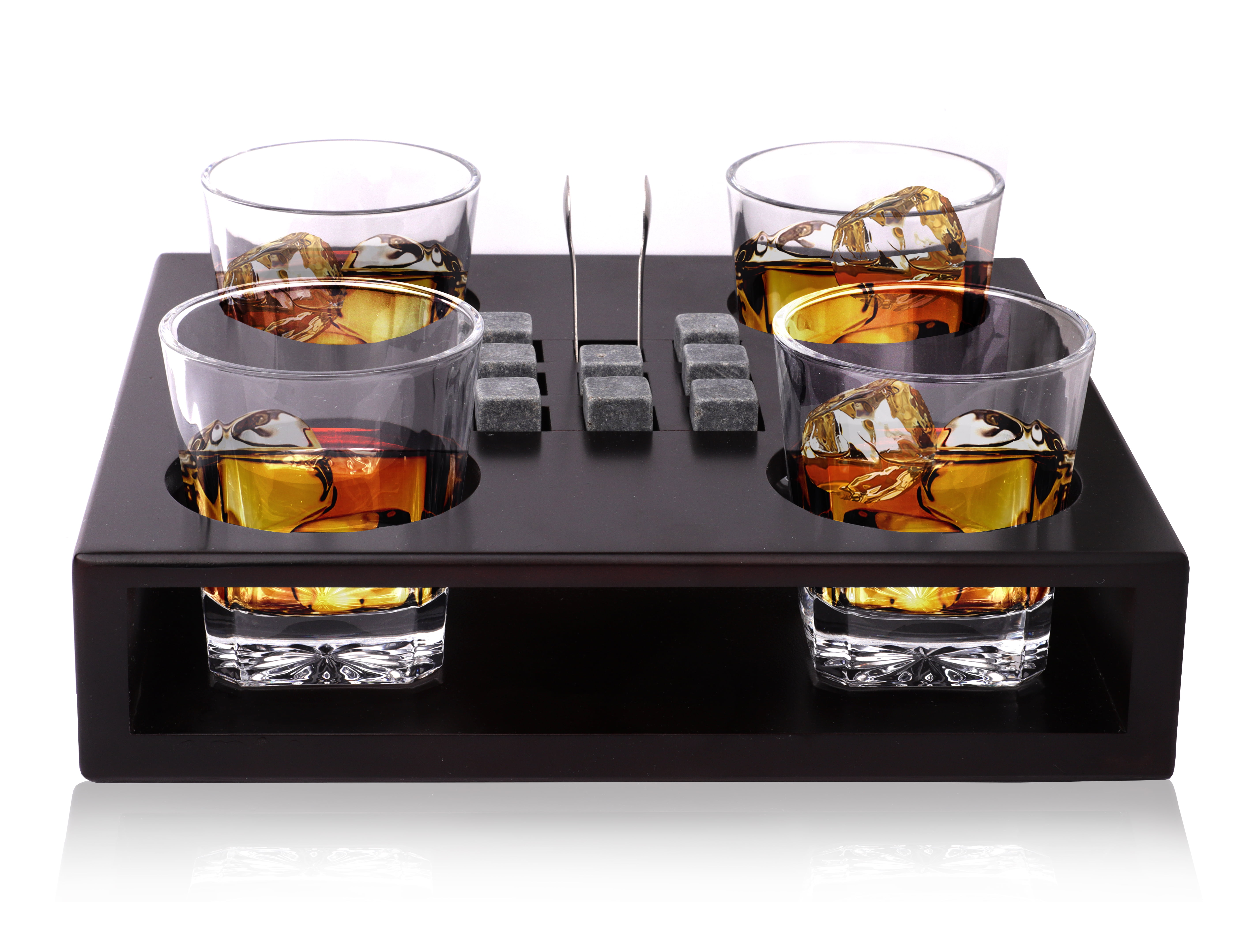 Bezrat Whiskey Glass Gift Set With Wood Stand – 10 Oz Twist Glasses, Granite Chilling Stones, Tongs & Coasters