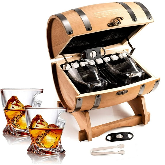 Bezrat Whiskey Glasses Gifts For Men - Bourbon Whiskey Stones Unique Gift Set For Men In Whiskey Barrel Gift Box - Groomsmen Gifts for Men - Scotch Whiskey Glass set Retirement Gift - Alcohol Gifts