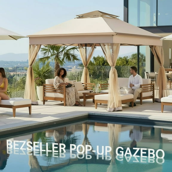 Bezseller 11x11 Pop up Gazebo, Outdoor Waterproof Canopy Tent with Mosquito Netting for Outdoors, Khaki